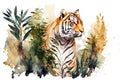 Tiger hiding in the bushes, watercolor illustration generated by AI