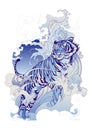 Tiger Hiking in Ocean wave and cloud design with ink Chinese or Japanese illustration motive or tattoo with blue Porcelain tone