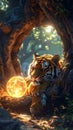 Tiger holding glowing orb in forest Royalty Free Stock Photo