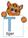 Tiger holding a sign with the letter T