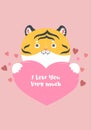 The tiger holds the heart. Valentine`s Day card. Vector graphics