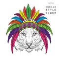 Tiger in the Indian roach. Indian feather headdress of eagle. Hand draw vector illustration Royalty Free Stock Photo