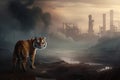 Tiger on industrial factory polluted area. Generate ai