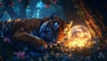 Tiger interacting with glowing orb forest Royalty Free Stock Photo