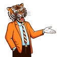 Tiger in jacket explains, shows something