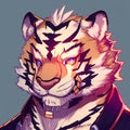 a tiger with a jacket and a tie on it\'s head and eyes are drawn in a cartoon style