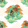 Tiger Japaneses or Chinese oriental doodle illustrator with cloud tattoo style seamless pattern Royalty Free Stock Photo