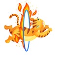 Tiger jumping through fire ring flat vector illustration Royalty Free Stock Photo