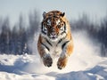 Ai Generated illustration Wildlife Concept of Tiger jumping on snow Royalty Free Stock Photo