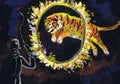 The tiger jumps through a fiery ring. Representation in circus. Children`s drawing