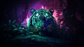 Synthwave Tiger: A Vibrant And Realistic Impression Of A Tenebrous Forest