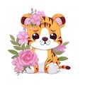 Tiger with large bunch of flowers, cartoon chibi style, generative AI