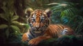 a tiger laying down in the middle of a forest of trees and plants, with its eyes wide open, staring at the camera, with a blurry Royalty Free Stock Photo