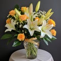 Tiger Lily Arrangement: Fresh White Lilies With Orange And Yellow Roses Royalty Free Stock Photo