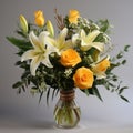 Tiger Lily And Rose Bouquet: High Resolution, Dark White And Amber Vase Arrangement Royalty Free Stock Photo