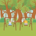 Tiger and lion playing on the swing forest fantasy fairy tale