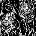 Tiger and lion seamless pattern. Exotic jungle black background with drawn tropical bamboo leaves and trees. Black line art vector Royalty Free Stock Photo