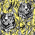 Tiger and lion seamless pattern. Exotic jungle yellow background with drawn tropical bamboo leaves and trees. Black line art Royalty Free Stock Photo