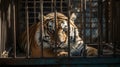 Tiger locked in cage. Lonely sick skinny tiger in cramped jail behind bars with sad look. Concept of keeping animals in