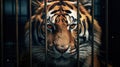 Tiger locked in cage. Lonely sick skinny tiger in cramped jail behind bars with sad look. Concept of keeping animals in