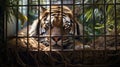 Tiger locked in cage. Lonely sick skinny tiger in cramped jail behind bars with sad look. Concept of keeping animals in Royalty Free Stock Photo