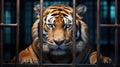 Tiger locked in cage. Lonely skinny tiger in cramped jail behind bars with sad look. Concept of keeping animals in