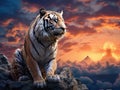 Ai Generated illustration Wildlife Concept of Tiger looking something on the rock