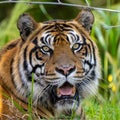 a tiger looks around his enclosure as it sits on the grass