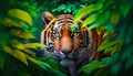 Tiger looks through the foliage. Generative AI