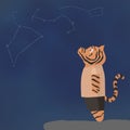 The tiger looks at the starry sky. Children's flat illustration