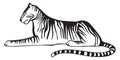 Tiger lying down, black and white on white background, vector isolated. Emblem or team symbol.