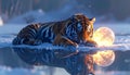 Tiger Lying Down in Water with Full Moon Reflection Royalty Free Stock Photo