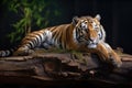 a tiger lying on a log