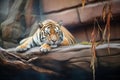 tiger lying on a rock overhang