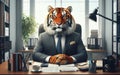 Tiger manager in a suit sitting in the office