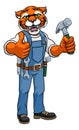 Tiger Mascot Carpenter Handyman Holding Hammer