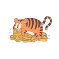 Tiger with money cartoon outline red cute character. Vector isolated illustration.