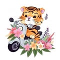 Tiger on motoroller with bunch of flowers, cartoon chibi style, AI generative