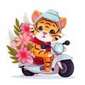 Tiger on motoroller with bunch of flowers, cartoon chibi style, AI generative