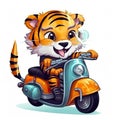 Tiger on motoroller with bunch of flowers, cartoon chibi style, AI generative