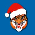 Tiger New Year. Santa Claus hat. Roar Animal paper cut style. Chinese zodiac, Chinese calendar. Winter holidays. Happy Royalty Free Stock Photo