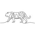 Tiger one line drawing isolated on white background. Wild animal tiger is walking in the jungle. Wild life concept. Minimalist