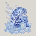 Tiger oriental Japanese or Chinese illustration doodle in tattoo style with blue Porcelain tone