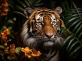 Tiger (Panthera tigris) portrait surrounded by tropical rainforest flowers and jungle leaves