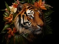 Tiger (Panthera tigris) portrait surrounded by tropical rainforest flowers and jungle leaves