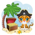 Tiger pirate, cartoon character of the game, wild animal cat in a bandana and a cocked hat with a skull, with an eye Royalty Free Stock Photo