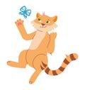 The tiger plays with a butterfly. Vector image.