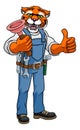 Tiger Plumber Cartoon Mascot Holding Plunger