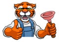 Tiger Plumber Cartoon Mascot Holding Plunger