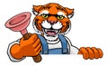 Tiger Plumber Cartoon Mascot Holding Plunger